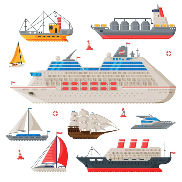 Water Transport Collection, Fishing Boat, Cruise Liner, Sailboat, Vintage Sailing Ship, Motorboat, Sea or Ocean Transportation Vector Illustration — стоковий вектор