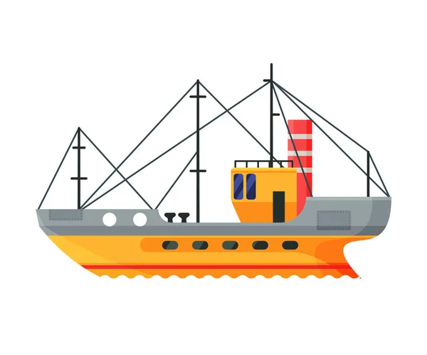 Barcos de pesca, Arrastão de pesca comercial, Produção industrial de frutos do mar, Transporte de água, Mar ou Oceano Transporte Vector Ilustração — Vetor de Stock