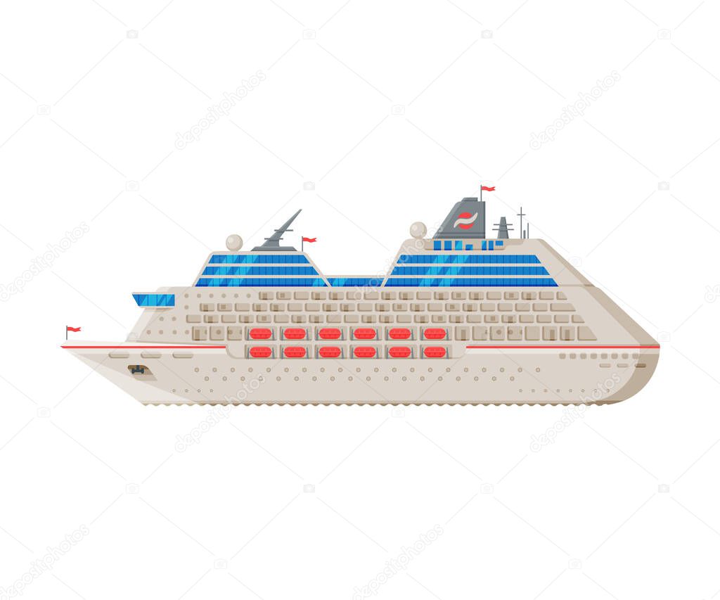 Transatlantic Cruise Liner, Side View, Water Transport, Sea or Ocean Transportation Vector Illustration
