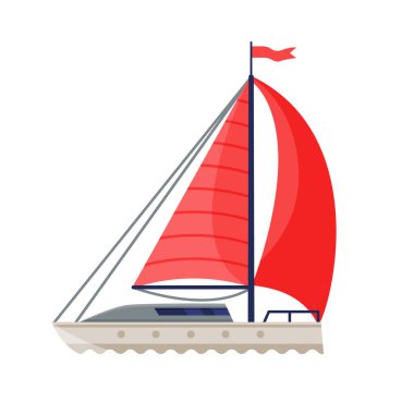 Kızıl Yelkenli Yat, Su Taşımacılığı, Deniz veya Okyanus Taşımacılık Vektörü İllüstrasyonu