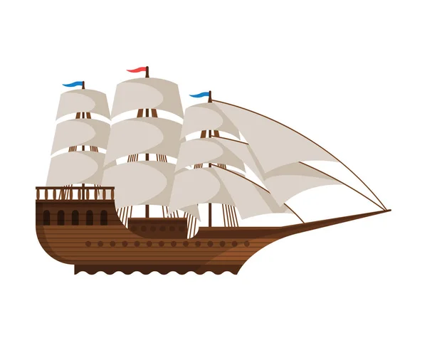Vintage Sailing Ship, Side View, Water Transport, Sea or Ocean Transportation Vector Illustration — Stock Vector