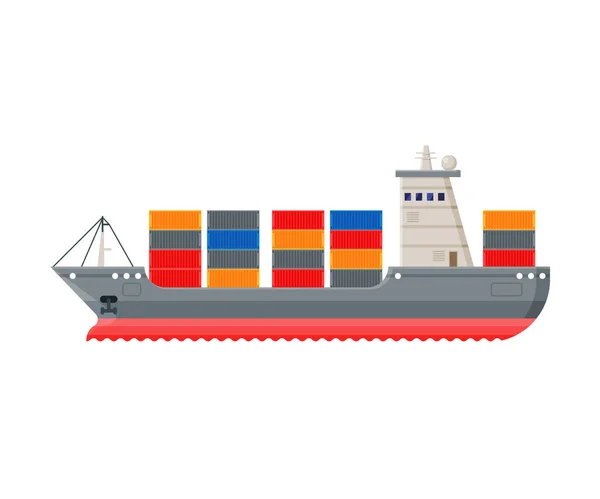 Cargo Ship, Side View, Water Transport, Sea or Ocean Transportation Vector Illustration