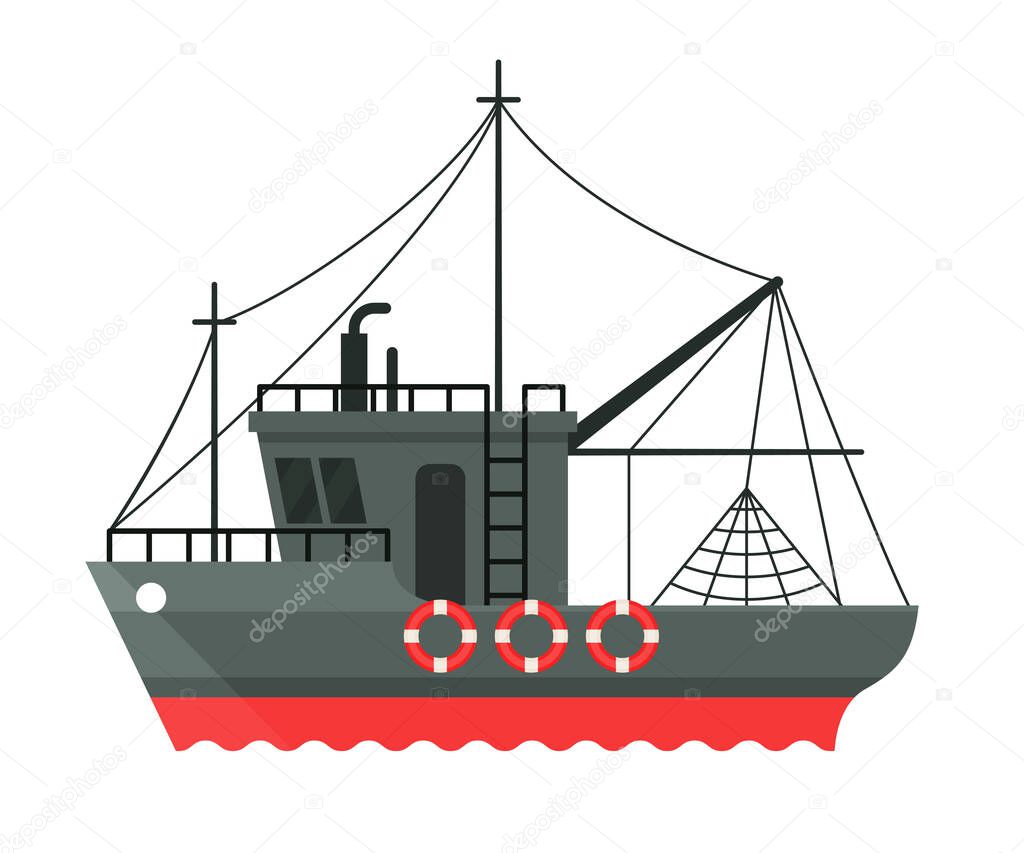 Fishing Boat, Side View, Commercial Fishing Trawler, Industrial Seafood Production, Water Transport, Sea or Ocean Transportation Vector Illustration