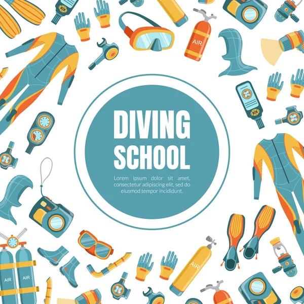Diving School Banner Template with Diving Professional Equipment Pattern, Water Active Sport, Summer Vacation Vector Illustration — Stock Vector