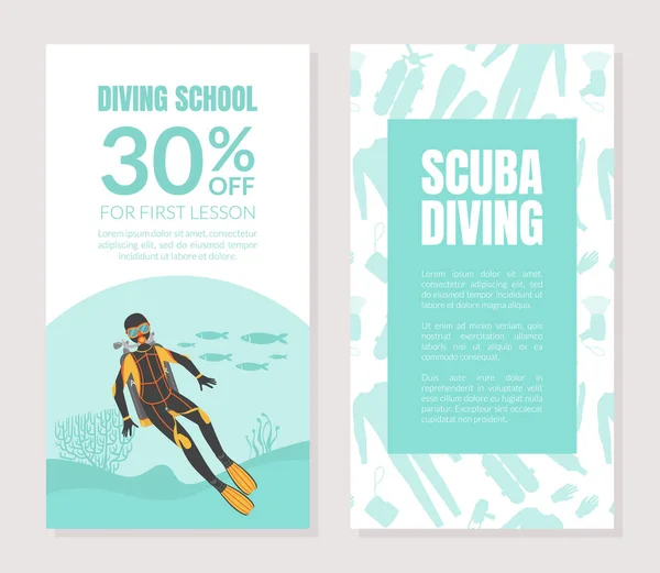 Diving School Card, 30 Percent Off Flyer or Certificate Template, Water Active Sport, Summer Vacation Vector Illustration — Stock Vector