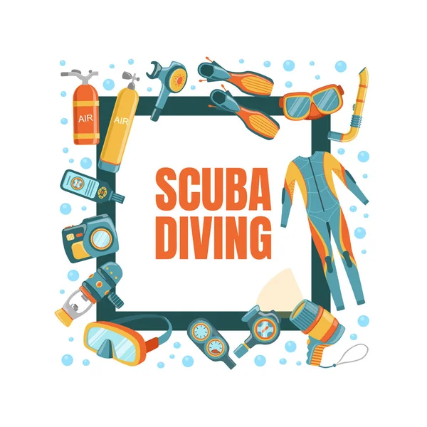 Scuba Diving Banner Template with Diving Professional Equipment, Water Active Sport, Summer Vacation Vector Illustration — 스톡 벡터