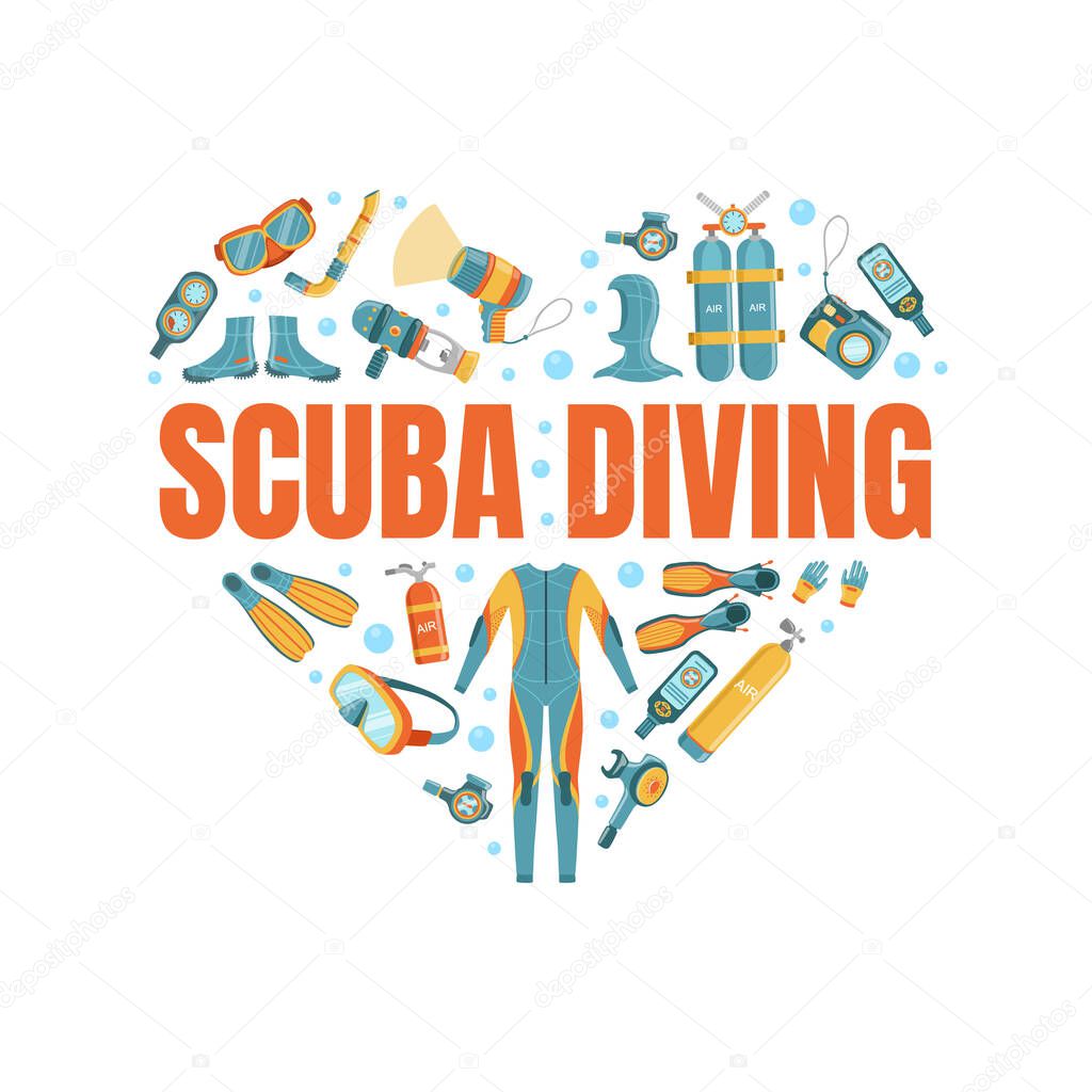 Scuba Diving Banner Template with Diving Professional Equipment Seamless Pattern of Heart Shape, Water Active Sport, Summer Vacation Vector Illustration
