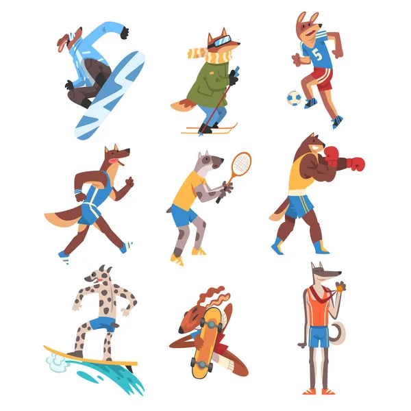 Dog Doing Various Kinds of Sports Set, Animals Athletes Characters Wearing Uniform Doing Sports Vector Illustration — Stock Vector