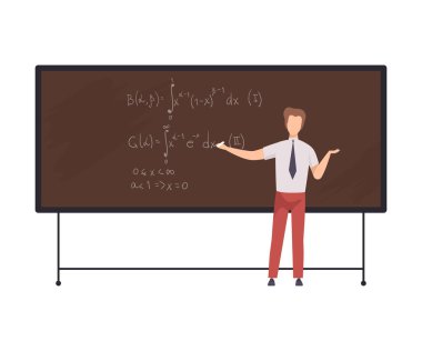Erkek Matematik Öğretmenliği Profesörü Öğrencilere Öğretiyor Chalkboard Düz Vektör İllüzyonu 'nun önünde dururken