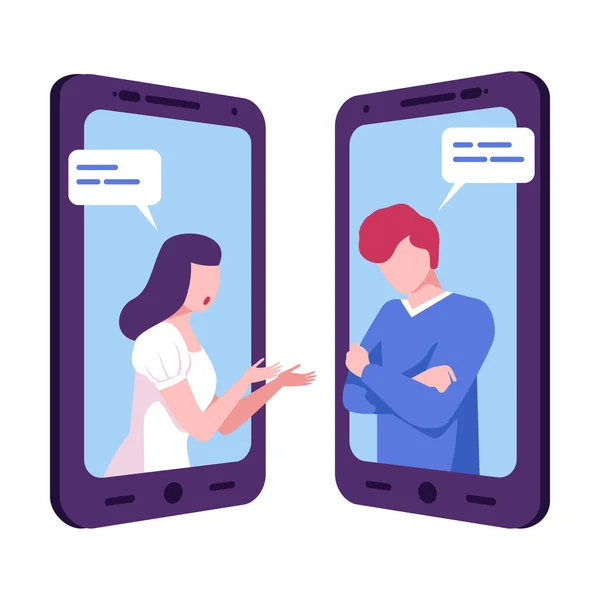 一对年轻夫妇通过智能手机进行交流或交流，两个移动电话屏幕上的文字气泡面对面平面矢量显示 — 图库矢量图片