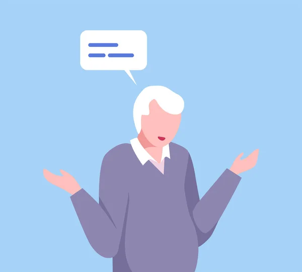 Homem Senior Enigmado Encolhendo os ombros, Homem se Comunicando com Bolha de Fala, Redes Sociais, Relações Virtuais Flat Vector Illustration — Vetor de Stock