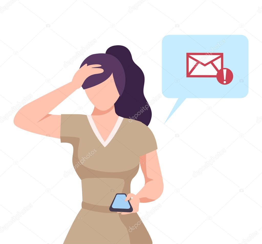 Young Woman Holding Smartphone with Incoming Message, Social Distancing or Self Isolation Concept Flat Vector Illustration