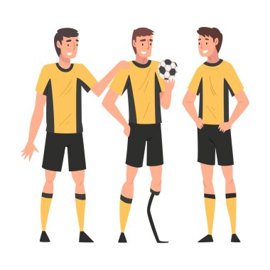 Engelli adam arkadaşlarıyla futbol oynuyor, engelli adam destek alıyor ve iyi vakit geçiriyor, Dolu Hayat Vektör İllüzyonunun tadını çıkarıyor