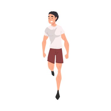 Koşan Genç Adam Spor Giysiler, Erkek Atletizm Karakteri, Ön Görünüm Vektör İllüstrasyonu
