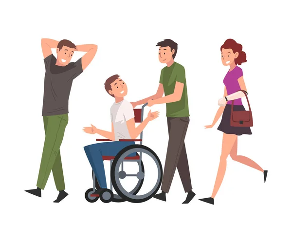 Tekerlekli sandalyedeki engelli adam arkadaşlarıyla yürüyor, engelli adam destek alıyor ve iyi vakit geçiriyor, Dolu Hayat Vektör İllüzyonunun tadını çıkarıyor — Stok Vektör
