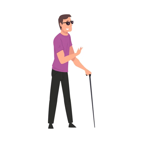 Τυφλός άνθρωπος περπατά με τον ζαχαροκάλαμο, άτομο με ειδικές ανάγκες απολαμβάνοντας την πλήρη διανυσματική απεικόνιση ζωής — Διανυσματικό Αρχείο