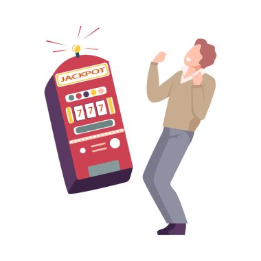 Tek Silahlı Haydut 'ta Para Kazanan Adam Kumarhanede Flat Vector İllüstrasyonunda Para Ödülü Kazandı