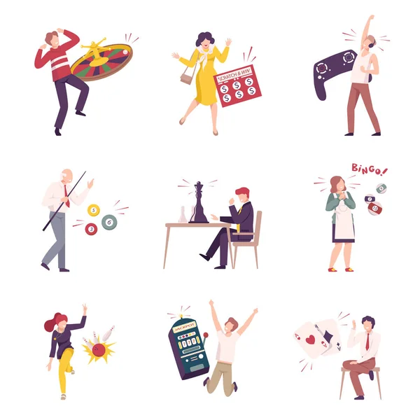 Lucky People Celebrating Their Win Set, Happy People Winning in Lottery, Casino Gambling, Sports Tournament, Video Game Competition Flat Vector Illustration. — Vector de stock