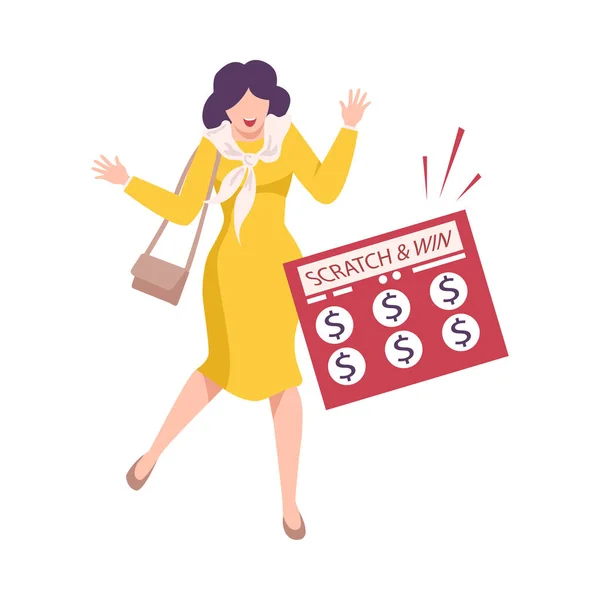 Gelukkig vrouw vieren winnen van geld in loterij platte vector illustratie — Stockvector