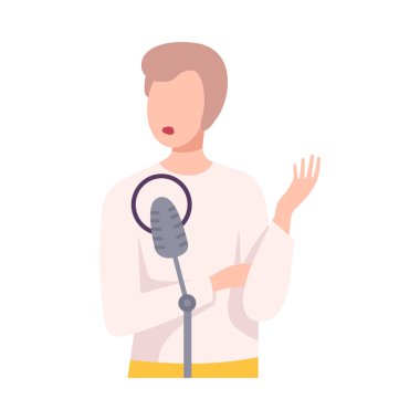 Mikrofonlu Genç Adam Konuşuyor ya da Stüdyo Düz Vektör Resimlerinde Şarkı Söylüyor