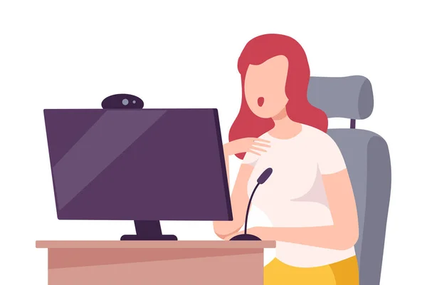 비디오 블로거 Online Streaming, Girl Sitting at Computer Desk with Microphone and Camera for Internet Vlog Communication Flat Vector Illustration — 스톡 벡터