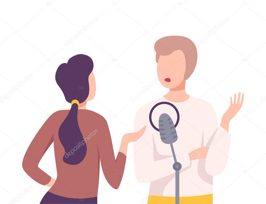 Businessman or Politician Giving an Interview to Female Journalist with Microphone at Studio Flat Vector Illustration