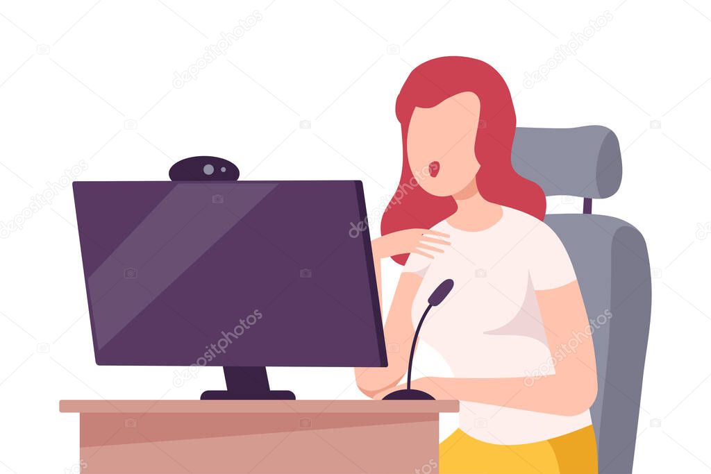 Video Blogger Online Streaming, Girl Sitting at Computer Desk with Microphone and Camera for Internet Vlog Communication Flat Vector Illustration