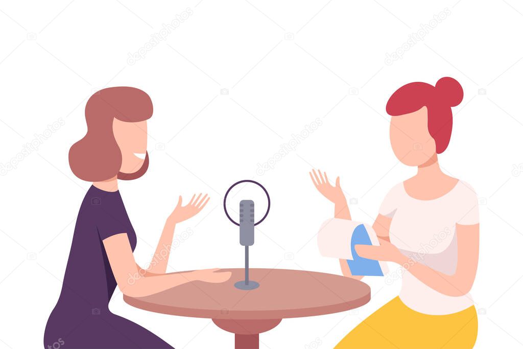 Female Radio Host Interviewing Guest on Radio Station, Two Women in Headphones Talking Flat Vector Illustration