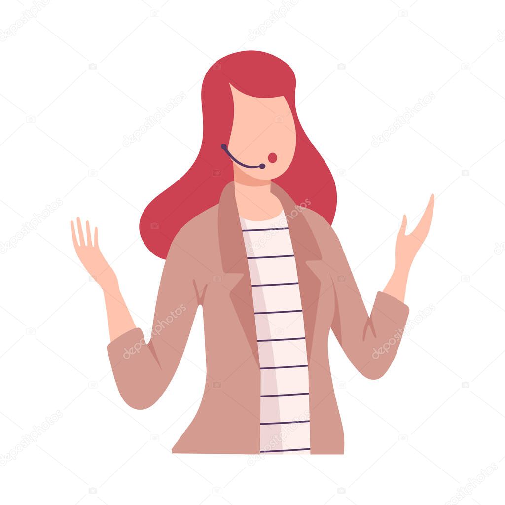 Female Journalist Talking, Professional Reporter Character with Headset Interviewing, Presenting News, Telecasting Flat Vector Illustration