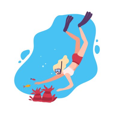 Okyanus tabanını mercanlar ve balıklarla keşfeden kız dalgıç, sualtı yaşamı, su sporu, ekstrem hobi düz vektör ilülasyonu