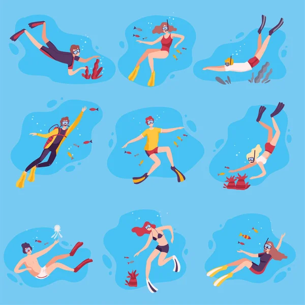 Scuba Divers Swimming under the Water Set, People Exploring Underwater Marine Life, Extreme Hobby Vector Illustration — Stock Vector