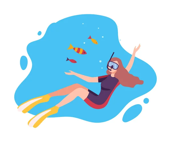 Girl Scuba Diver Swimming under the Water with Small Fishes, Underwater Marine Life, Extreme Sport or Hobby Flat Vector Illustration — Stock Vector