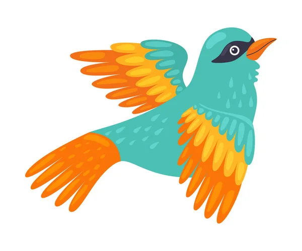 Pájaro tropical, hermoso pajarito con brillante colorido turquesa y naranja ciruela Vector ilustración — Vector de stock