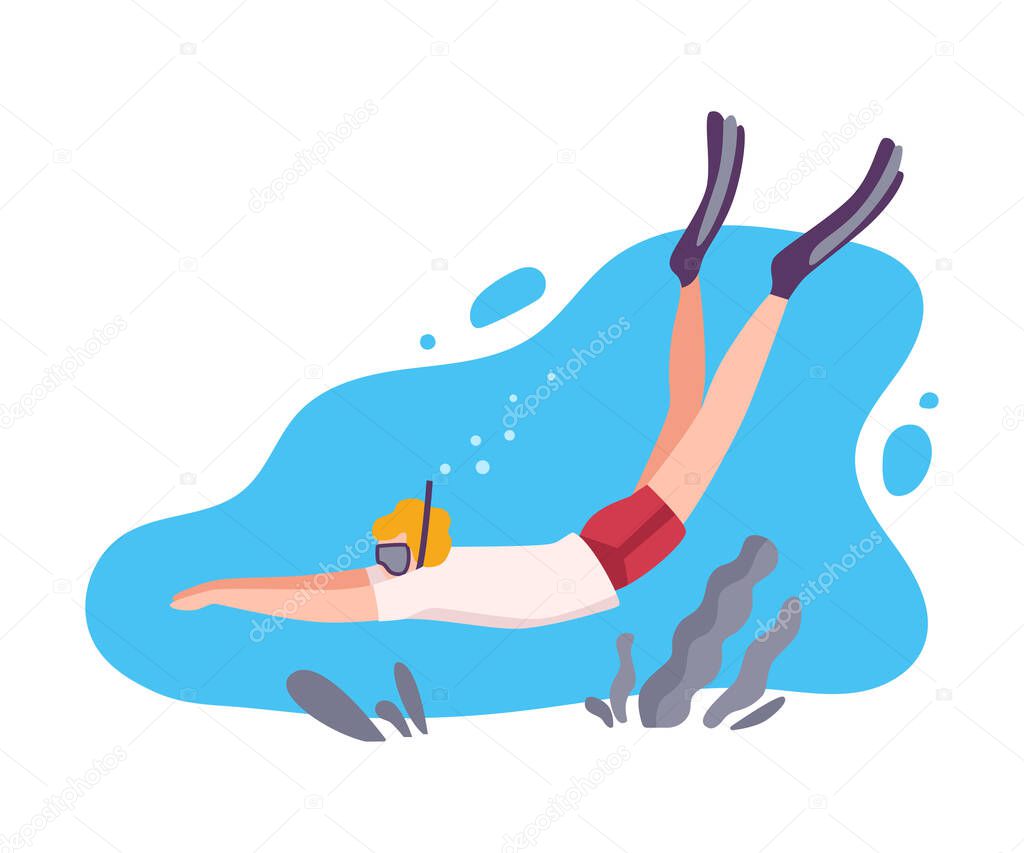 Male Scuba Diver Swimming under the Water with Small Fishes, Man Exploring Underwater Marine Life, Extreme Hobby Flat Vector Illustration