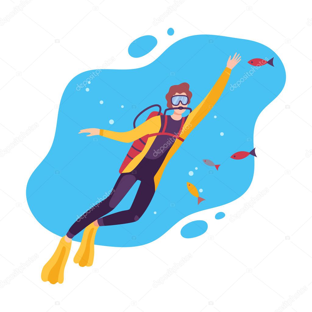 Male Scuba Diver Swimming under the Sea, Man Exploring Underwater Marine Life, Extreme Hobby or Sport Flat Vector Illustration
