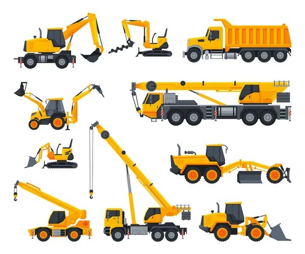 Baumaschinen-Set, Schwerer Spezialtransport, LKW, Bagger, Planierraupe, Kranvektorillustration — Stockvektor