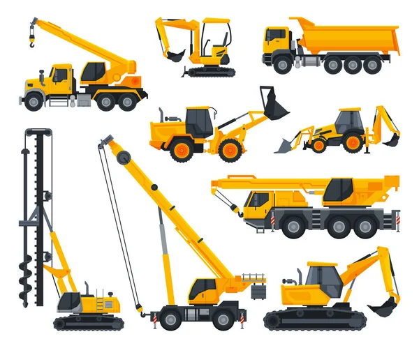 Conjunto de maquinaria pesada de construcción, transporte especial pesado, camión, excavadora, topadora, ilustración vectorial de vehículos de servicio de grúa — Vector de stock