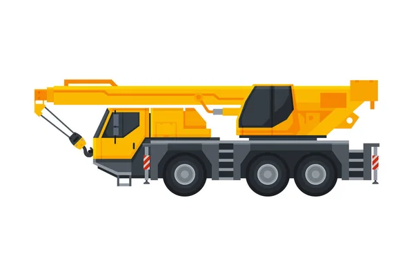 Camion jaune de grue de construction, Transport spécial lourd, Véhicule de service, Illustration vectorielle plate de vue latérale — Image vectorielle