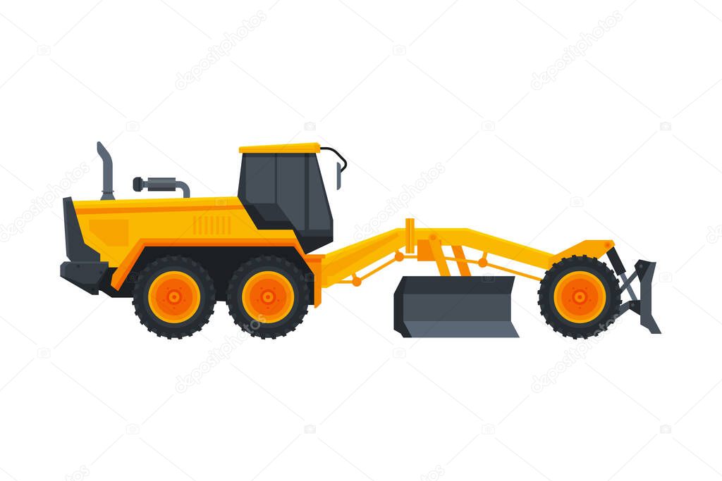 Bulldozer Heavy Grader Construction Machine, Special Transport, Side View Flat Vector Illustration