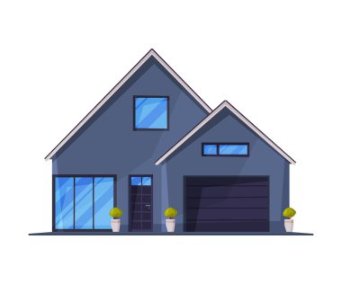 Gri Küçük Kır Evi Garajı, Şehir ya da Şehir Sokak Binası, Konut Evi Flat Vektör İllüzyonu