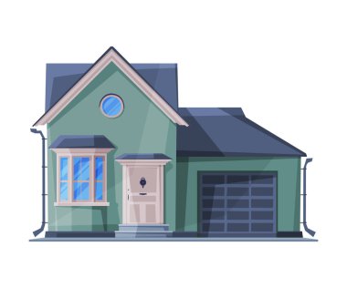 Green Cottage Facade, Residential House Building, Country Emlak Düz Vektör İllüstrasyonu