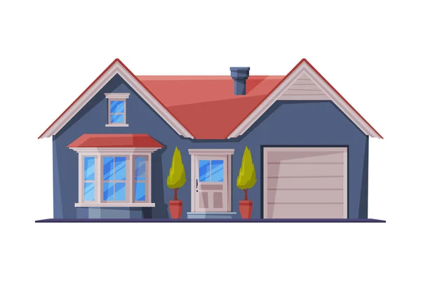 Μικρή πρόσοψη Cottage με γκαράζ, City or Country Street Building, Modern Residential House Real Estate Flat Vector Illustration — Διανυσματικό Αρχείο