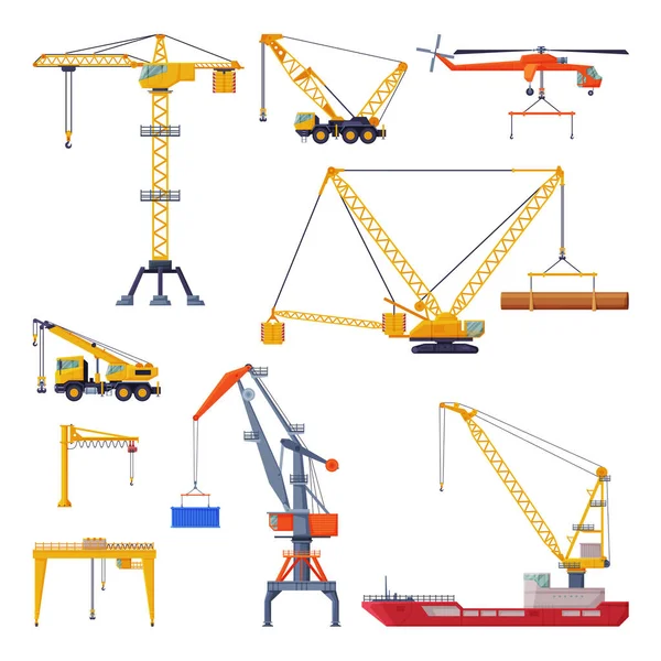 Construction and Cargo Cranes Collection, Heavy Transportation Service Vehicles and Elevating Equipment Flat Vector Illustration — Stock Vector