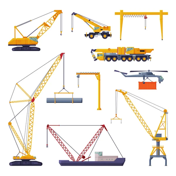 Collection jaune de grues de construction et de fret, véhicules de service de transport lourd et équipement d'élévation industriel Illustration vectorielle plate — Image vectorielle