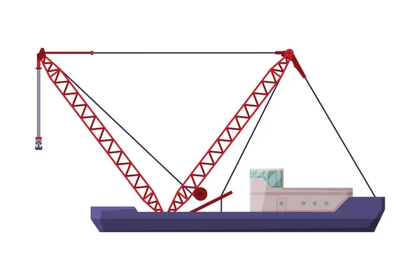 Floating Crane, Industrial Ship, Cargo Transportation Service Vehicle, Side View Flat Vector Illustration — 스톡 벡터