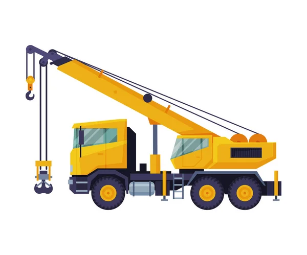 Construction Crane Truck, Heavy Cargo Transportation Service Vehicle Flat Vector Illustration — 스톡 벡터