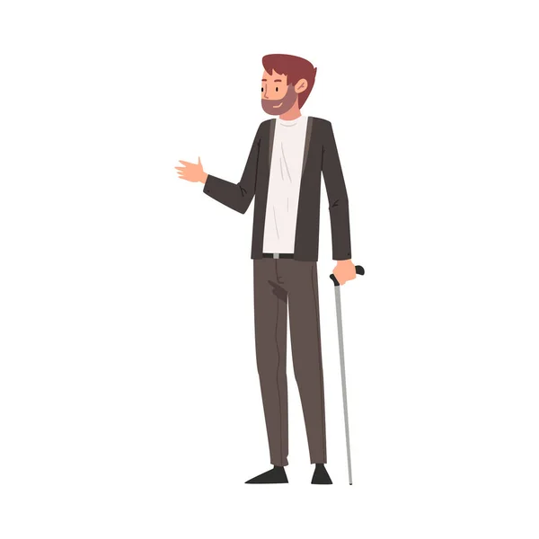 Zdravotně postižený mladý muž stojící s kráčející hůl vektorové ilustrace — Stockový vektor