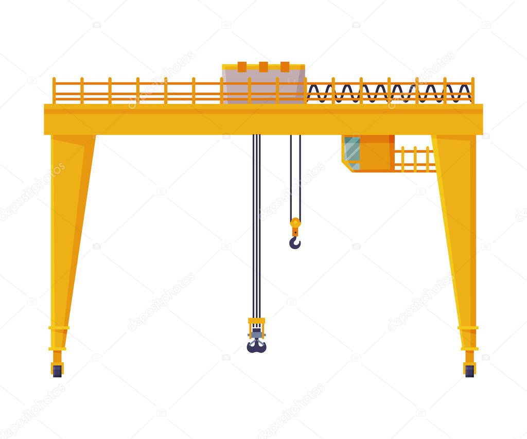 Industrial Port Cargo Harbor Yellow Crane Elevating Equipment Flat Vector Illustration