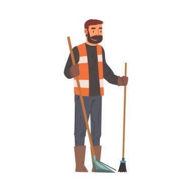 Süpürge ve Kepçe ile Temizlik Görevlisi, Ekipmanlı Erkek Profesyonel Temizlik Personeli Karakteri, Temizlik Servisi Vektörü İllüstrasyonu
