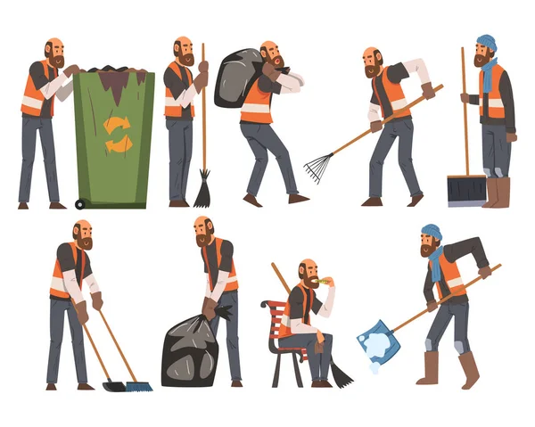 Conjunto de basura de limpieza y barrido de conserje de hombre, personaje del personal de limpieza profesional masculino que usa chalecos naranjas Vector Illustration — Archivo Imágenes Vectoriales